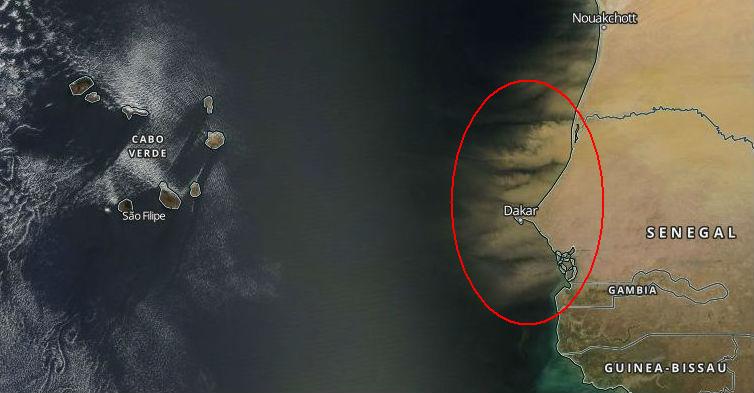Radarfoto aankomende zandstorm vanuit Afrika richting Kaapverdië