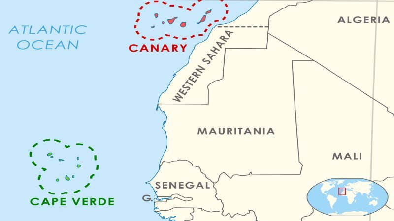 Ligging Kaapverdie en Canarische eilanden